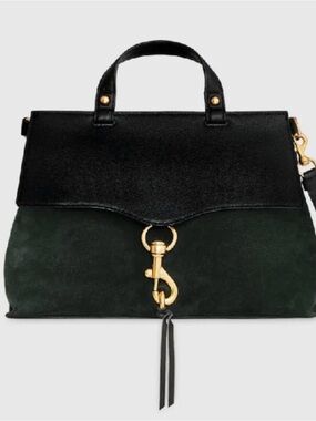 Rebecca Minkoff Black and Dark Green Two-Tone Leather & Suede Satchel